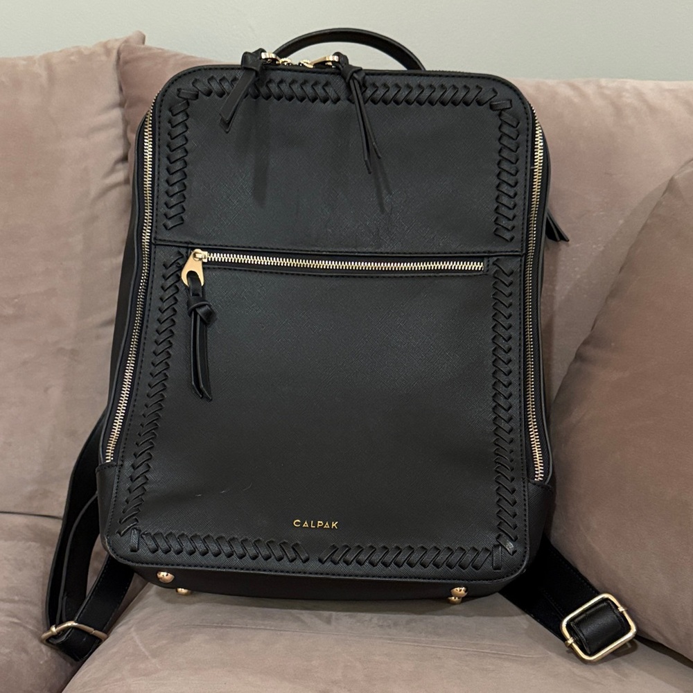 Calpak Kaya 15in Laptop Backpack, Black with Gold Hardware and Woven Trim